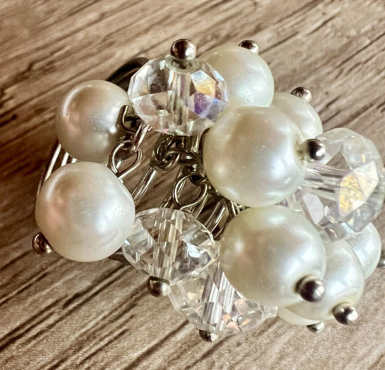 Vintage Faux Pearl & Crystal Cluster Statement Ring Adjustable Multi-Band Unique