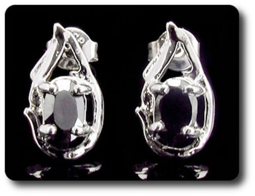 Earrings Black Sapphire 0 3/32×0 9/32in Gold Plated White 18 Krgp