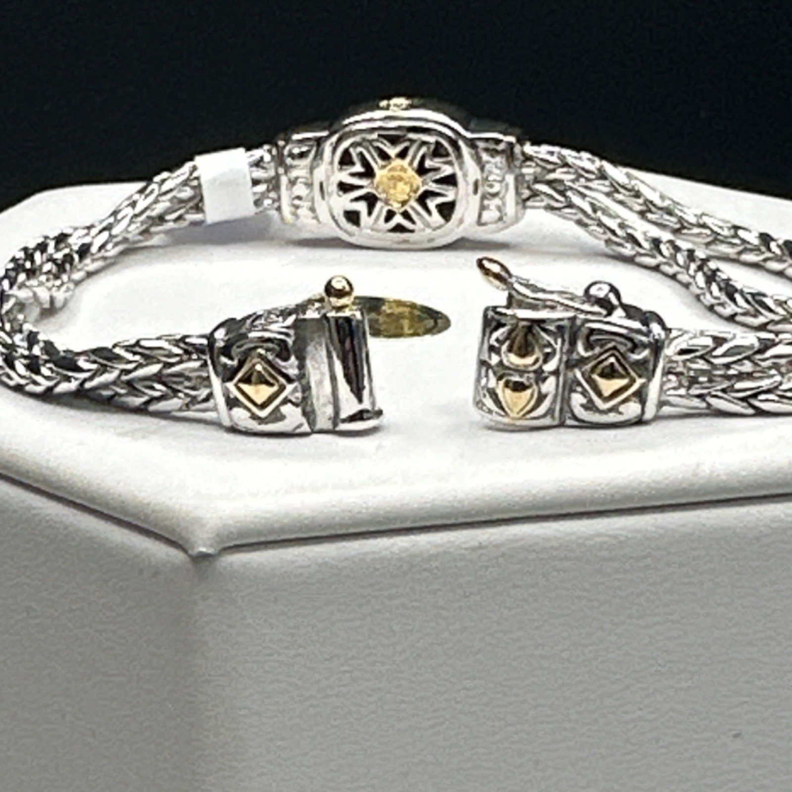 Silver-Gold Tone Chain Charm Bracelet Metal Adjustable with Black Cushion Stone