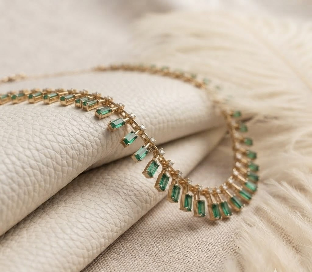 Gold Tone Emerald Green Baguette Crystal Statement Necklace 925 Sterling Silver