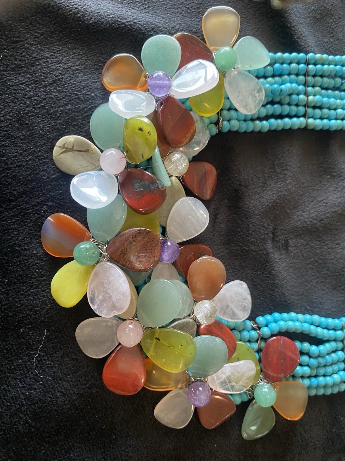 Boho Multi-Gemstone Flower Cluster Necklace Turquoise Beads – Statement Piece