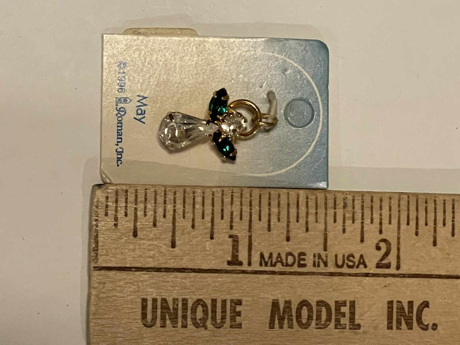 1996 May Birthstone Angel Charm Pendant Vintage Roman Inc NEW Rhinestones Green