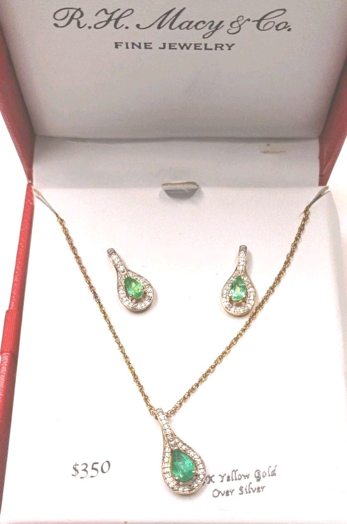 Necklace Earrings Set Bridge Gemstone Emerald 5/8 CT 14k Yellow Gold Over Silver