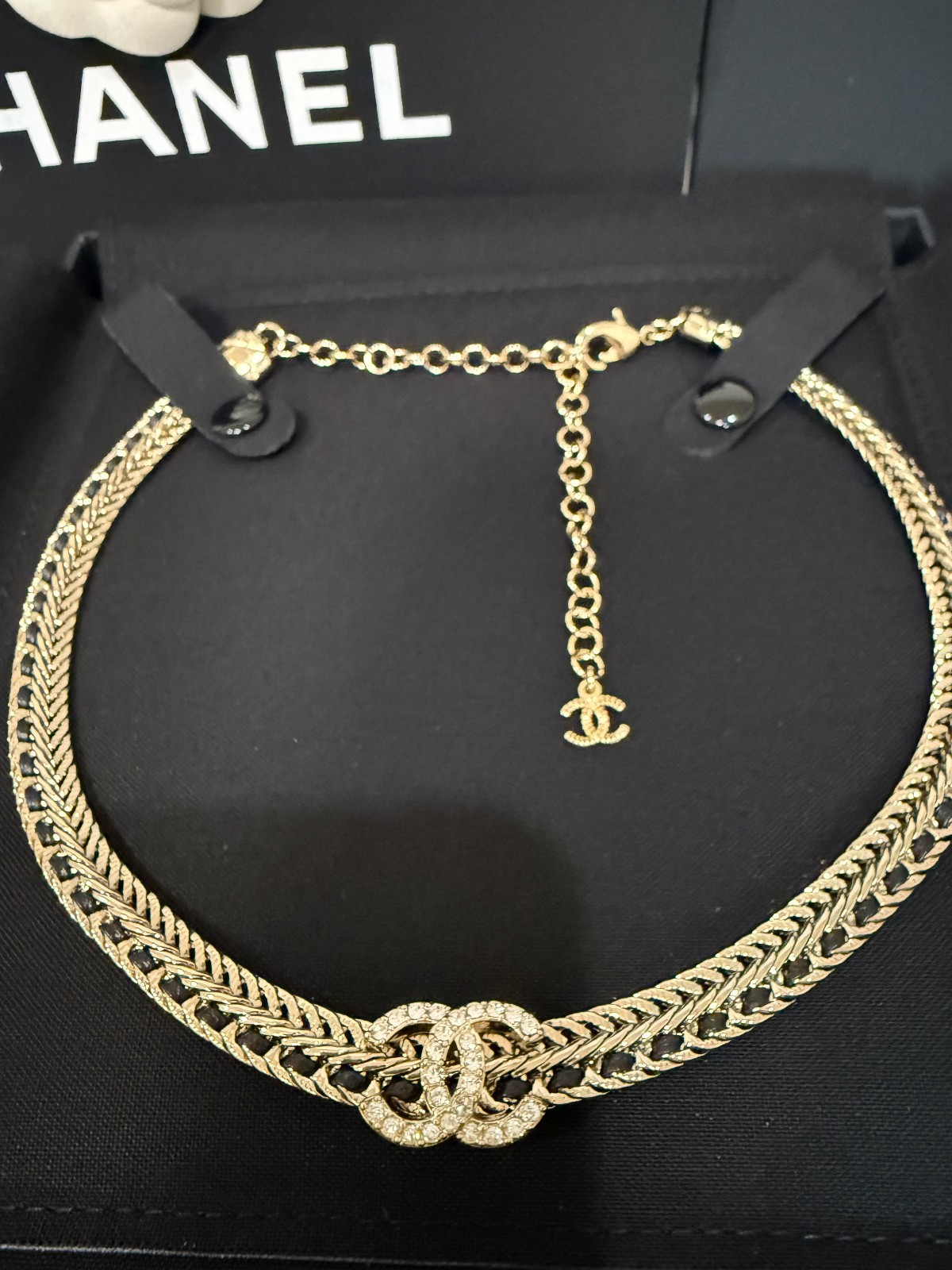 CHANEL Gold Black Leather Woven Chain Choker Necklace CC Logo BRAND NEW
