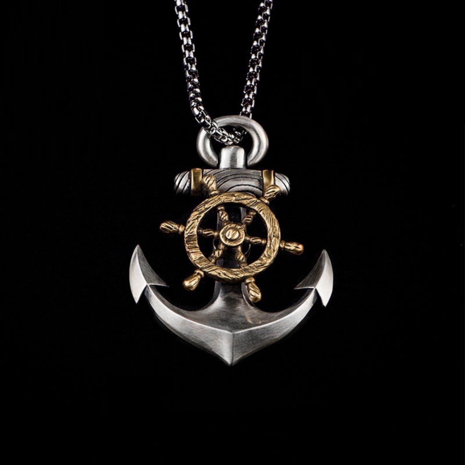 Men’s Retro 3D Boat Anchor & Rudder Two-tone Alloy Fashion Box Chain Necklace