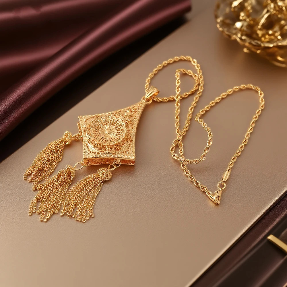 Gold Plated Algerian Women’s Classic Long Chain Tassel Pendant Necklace for Brid
