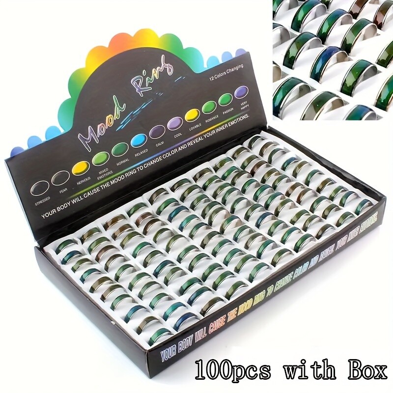 100 Colour Changing Mood Rings with Box Temperature Changeable Colour Rings