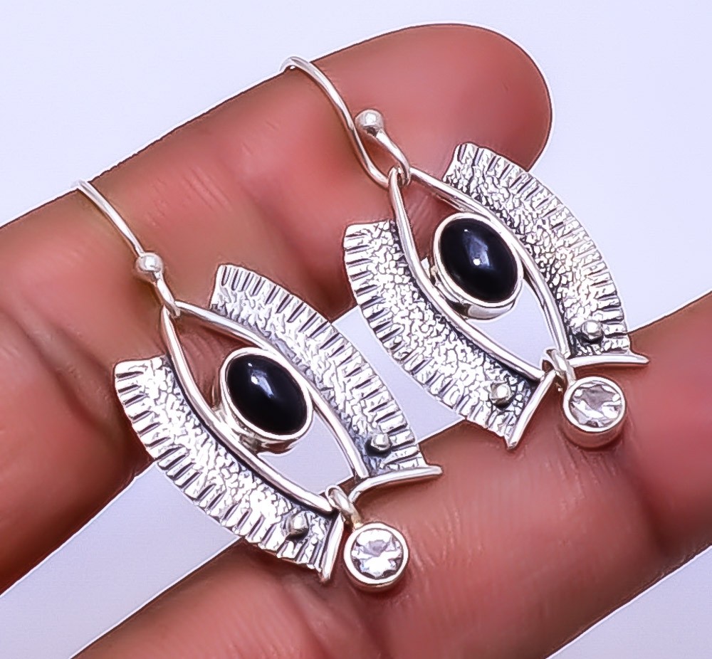Black Onyx – Brazil, White Topaz 925 Sterling Silver Earring 1.56″ E7, Christmas