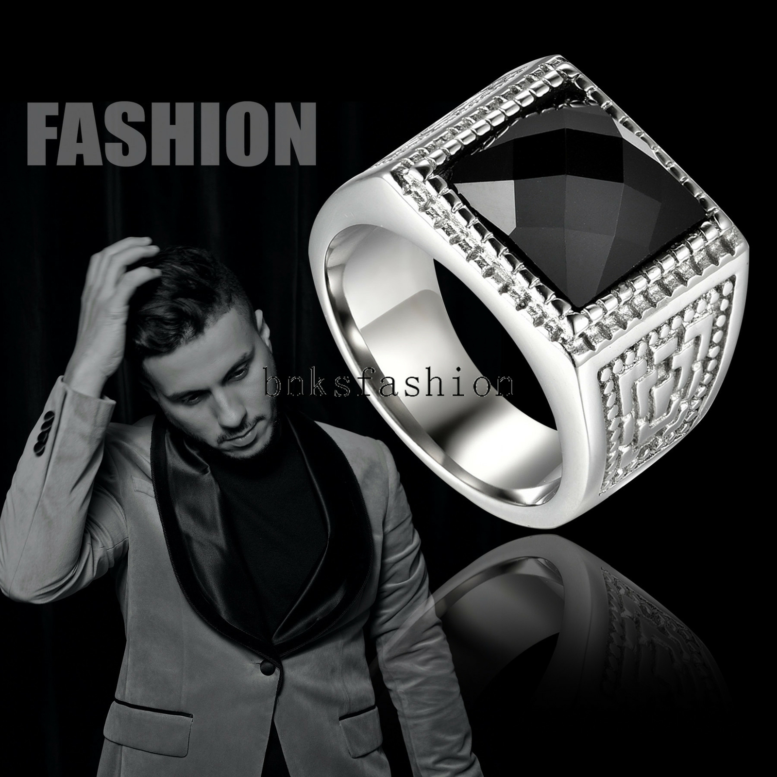 Stainless Steel Black Stone Ring Mens Classic Jewelry Ring Band Gift Size 8-13