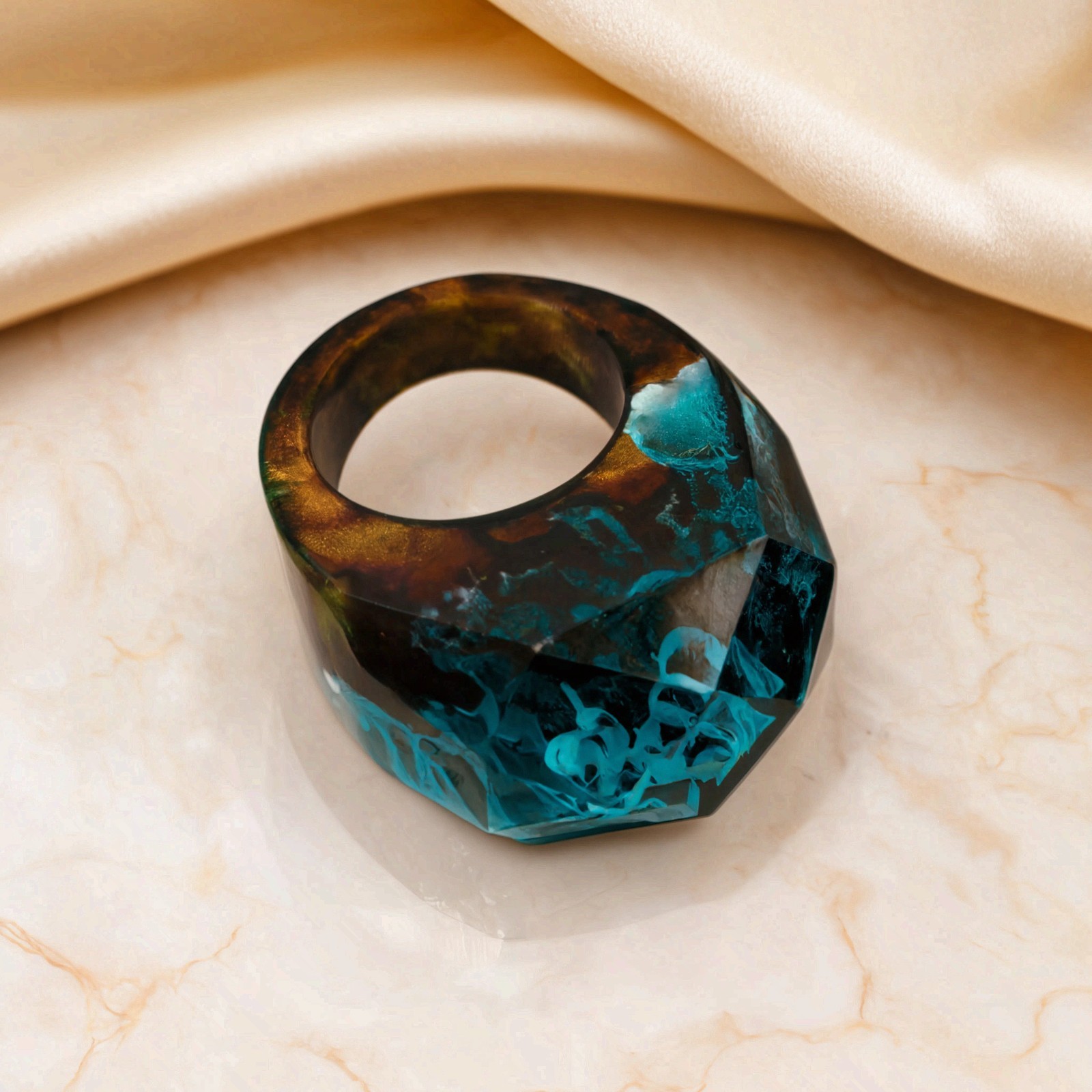 Wood Resin Ring Ocean Blue Epoxy Landscape Faceted Statement Ring Handmade Band
