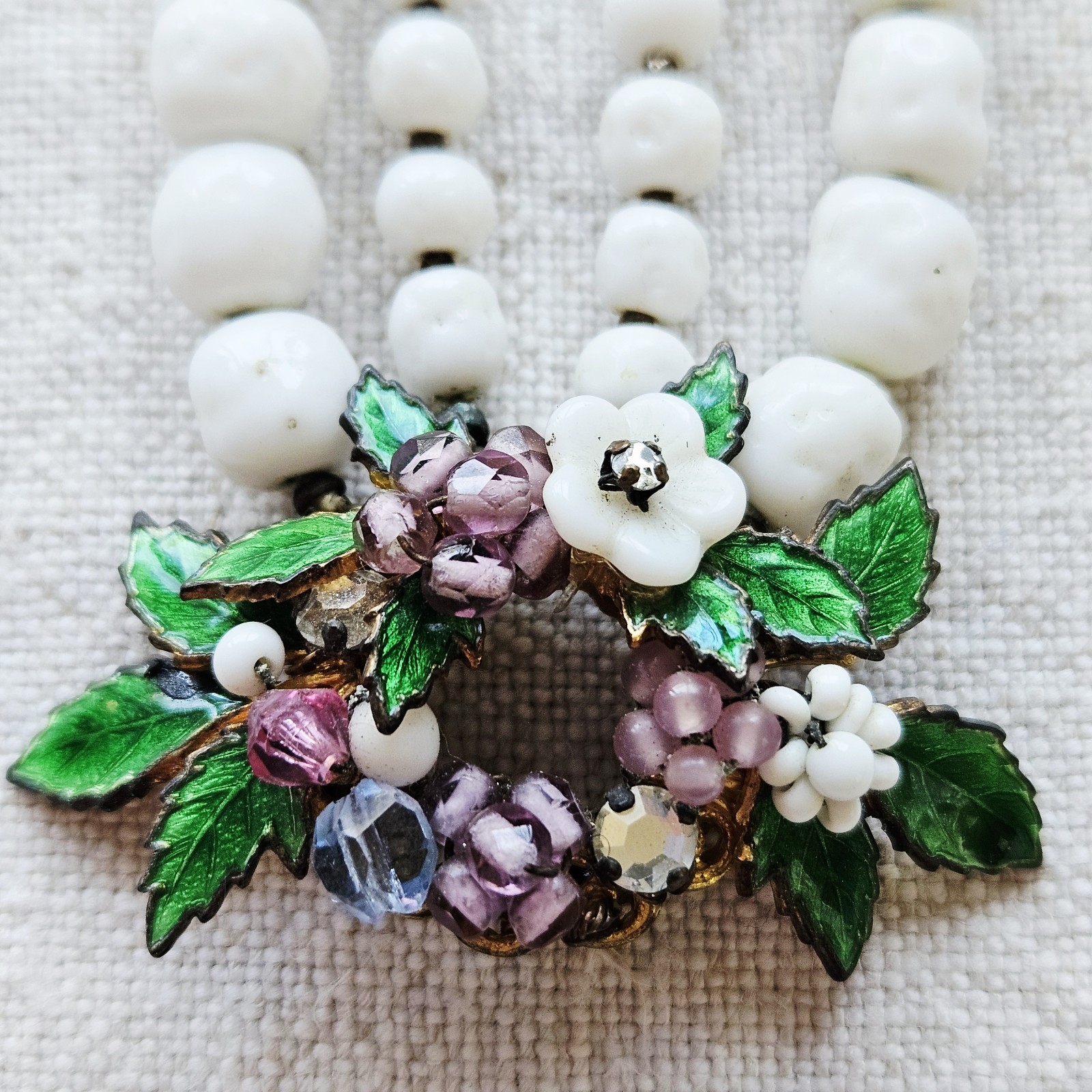 Unsigned Miriam Haskell Floral Pendant Double Strand Milk Glass Beaded Necklace