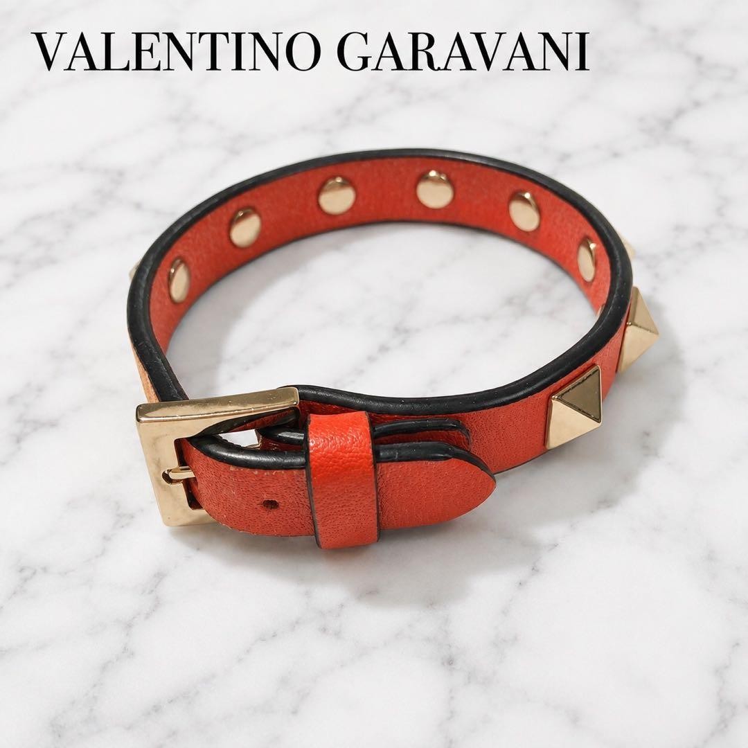 VALENTINO GARAVANI Rockstud Orange Leather Bracelet Goldtone Italy