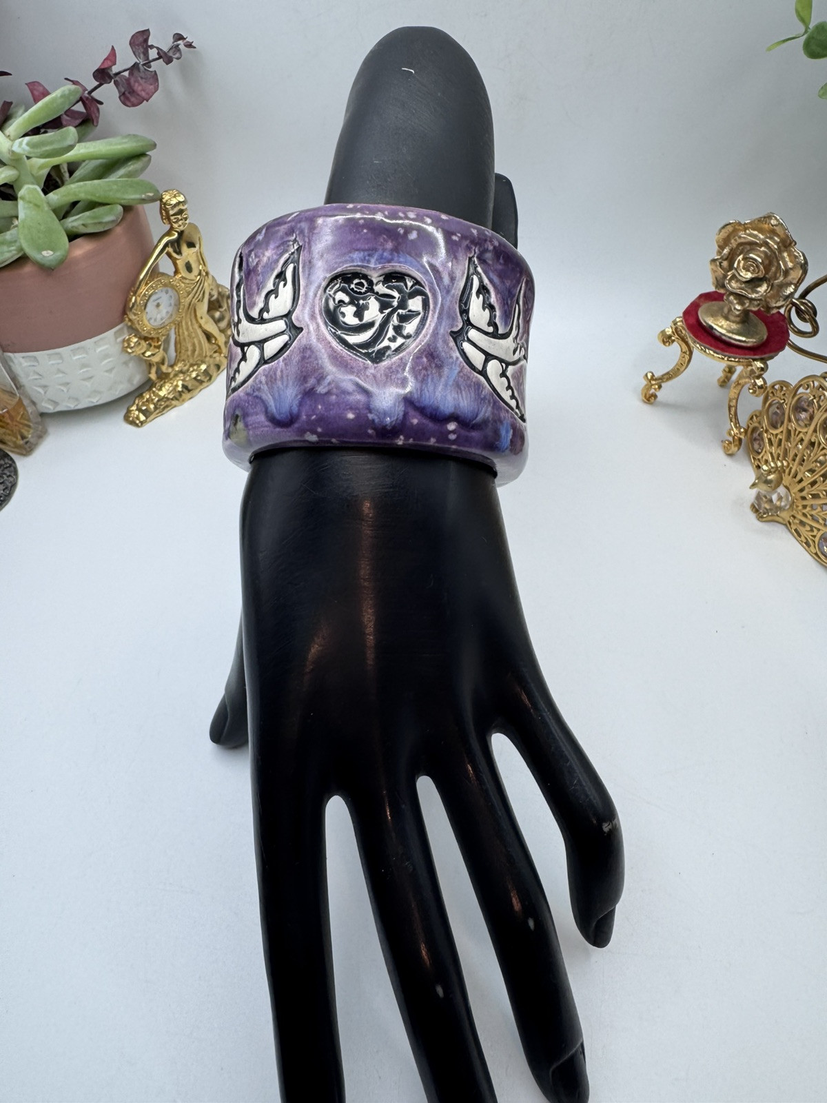 Rare signed SR ceramic bracelet, purple enamel, with heart and dove design