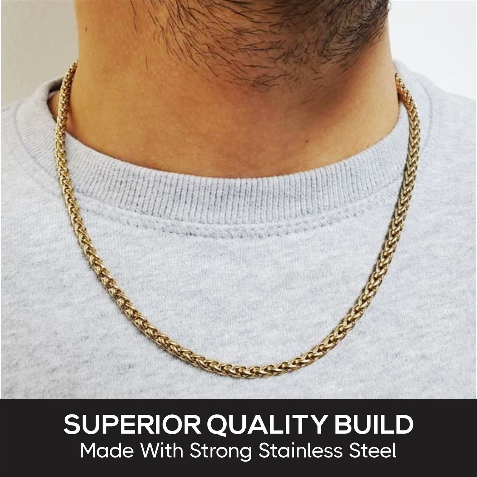 GOLD 316L STAINLESS STEEL 5MM WIDE 22″ / 55CM LONG SPIGA WHEAT ROPE KNOT CHAIN