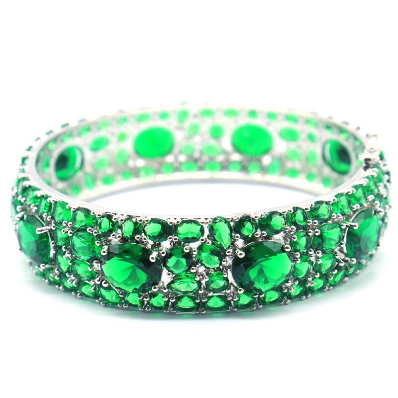 SheCrown 43g Green Emerald Women Dating Silver Bangle Bracelet 7.5″