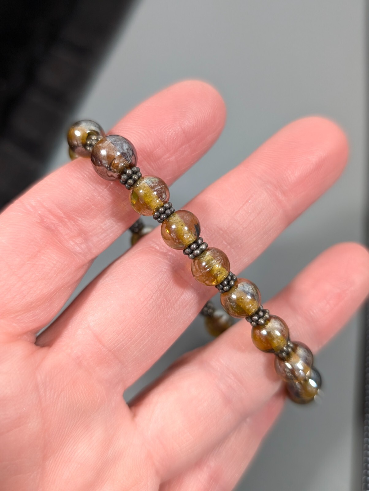 Boho Western Brown Iridescent Glass Round Bead Bracelet Sterling Clasp 6.5 in