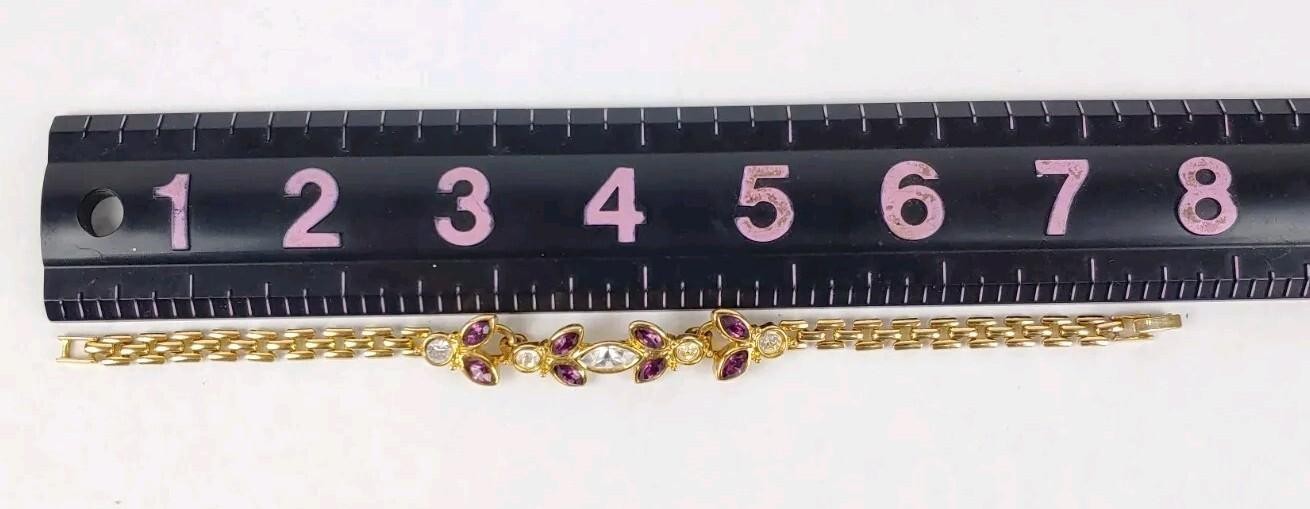 Gold Tone Bracelet Purple & Clear Rhinestones 7.5″