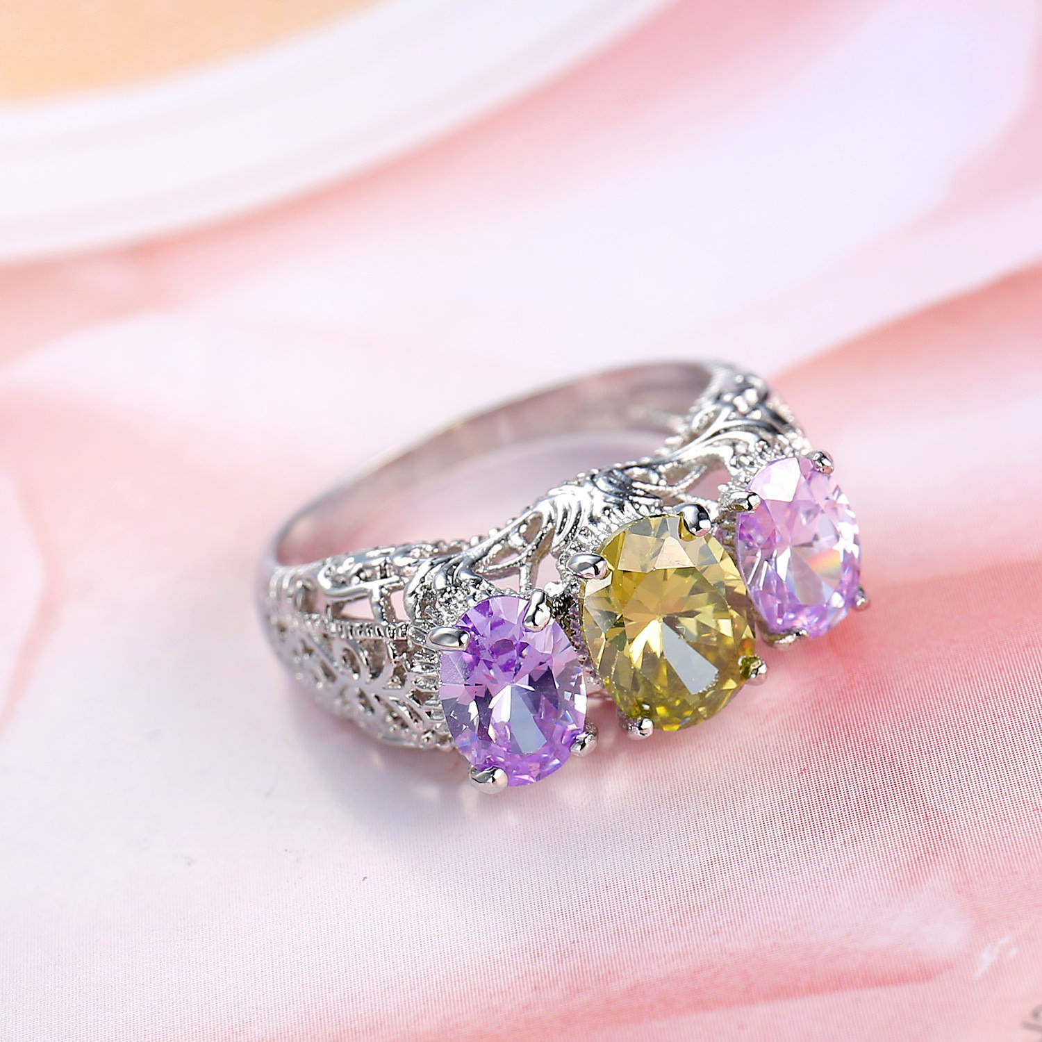 18.20 Cts Olive Peridot Purple Amethyst Gemstone Silver Woman Ring Size 6-10