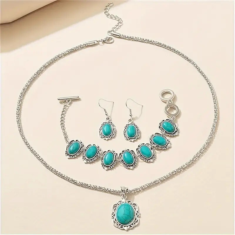 3 pcs Dangle Earrings, Necklace, Bracelet Zinc Alloy Jewelry Set pu Turquoise
