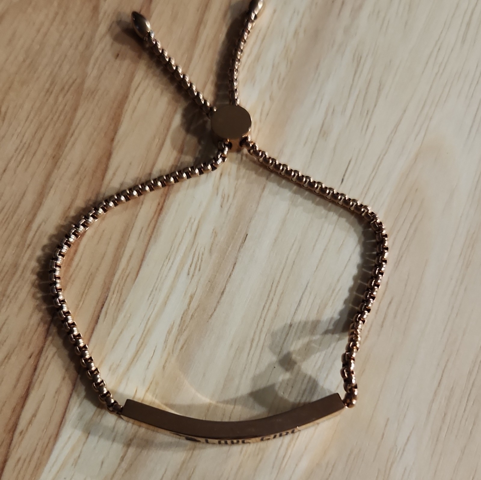 Gold Tone Engraved “Lake Girl” Adjustable Box Chain Bar ID Bracelet Slide
