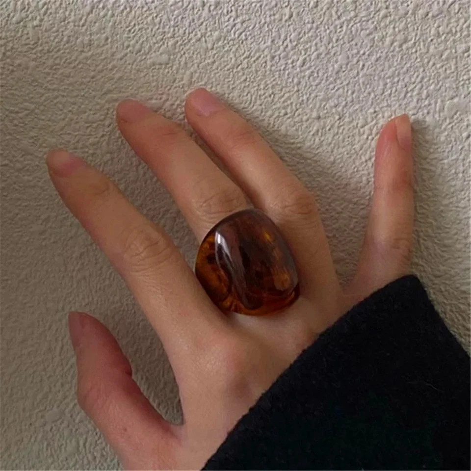 Resin Amber Geometric Wide Ring Women Classic Chunky Statement Party Jewelry