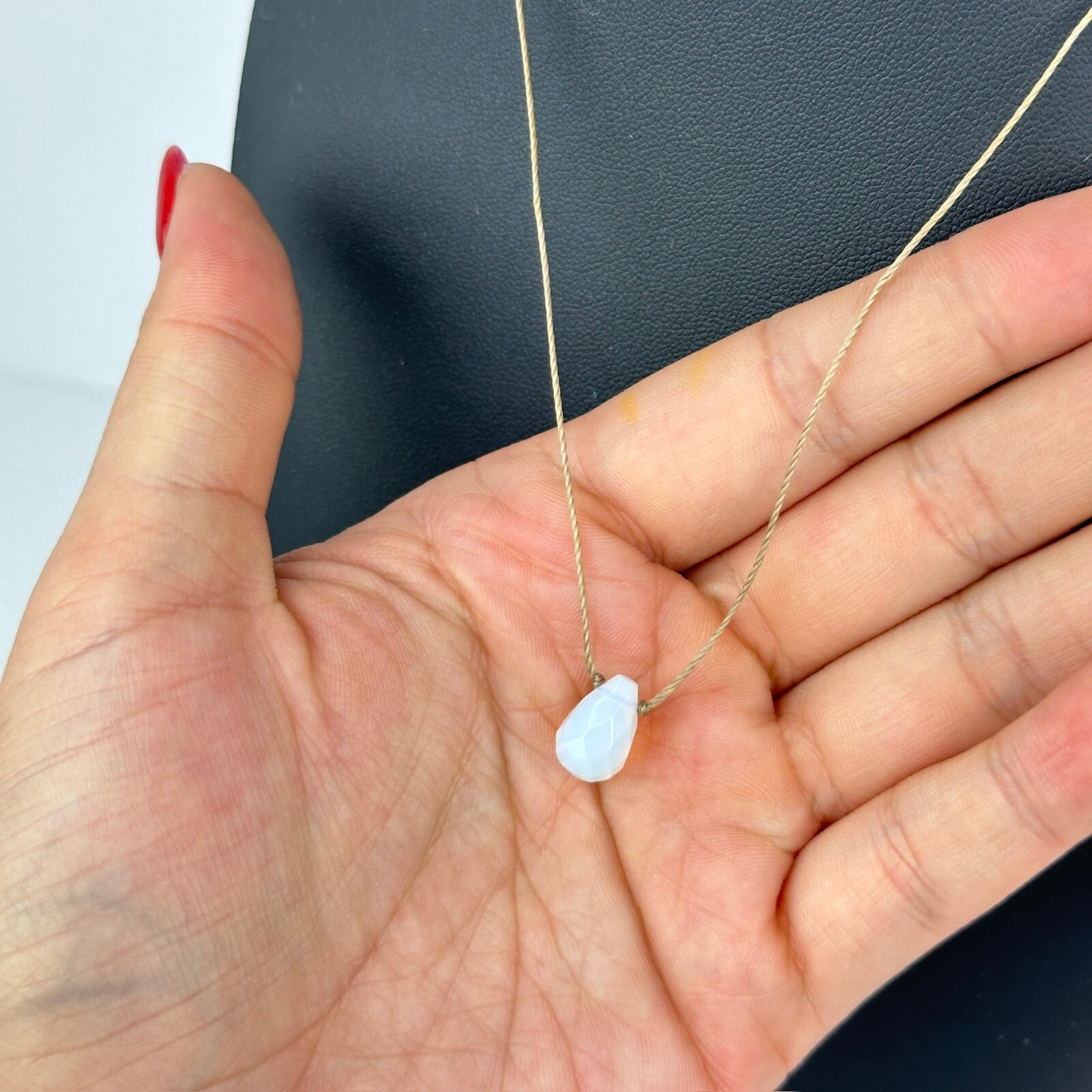 Opalite Crystal Pendant Rope 15.5″-17.5″ Necklace 925 Silver Clasp Brown String