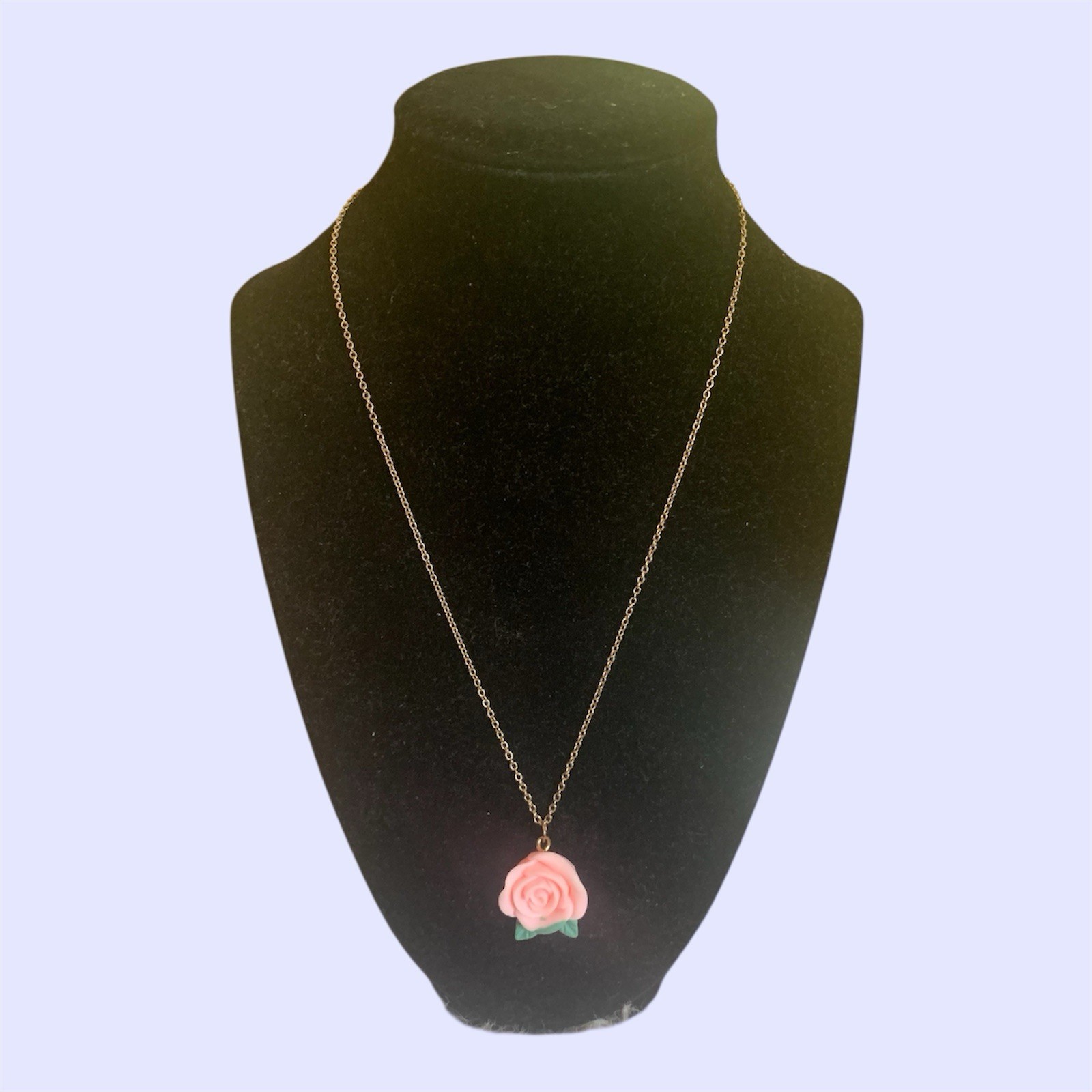 Dainty Pink Rose Pendant Necklace | Gold Tone Chain Minimalist Flower Jewelry