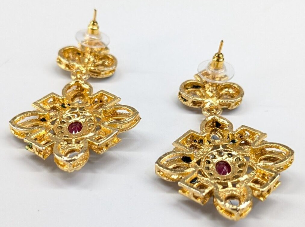 Bollywood India Wedding Gold Tone Clear Pink Rhinestone Pierced Earrings Chunky