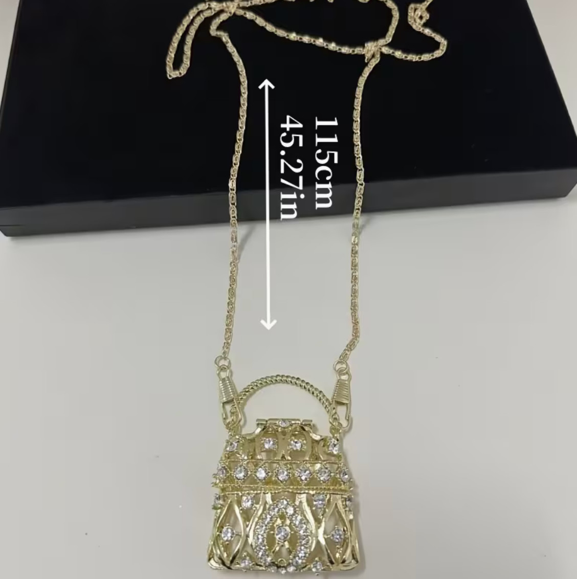 Mini Crystal Purse Pendant Necklace Gold Tone Long Chain Crossbody Handbag Charm