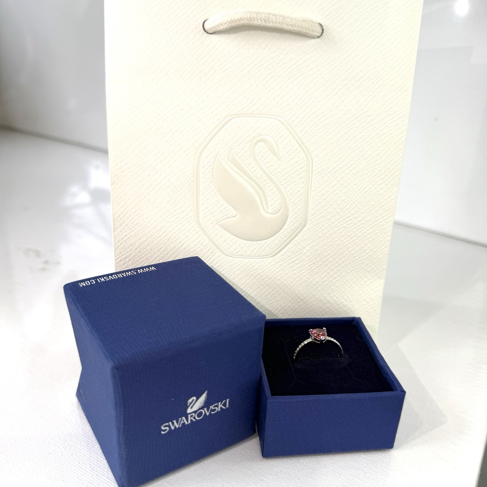 SWAROVSKI Dark Pink Heart Ring Crystal Silver Rhodium Plated Size 52 UK L In Box