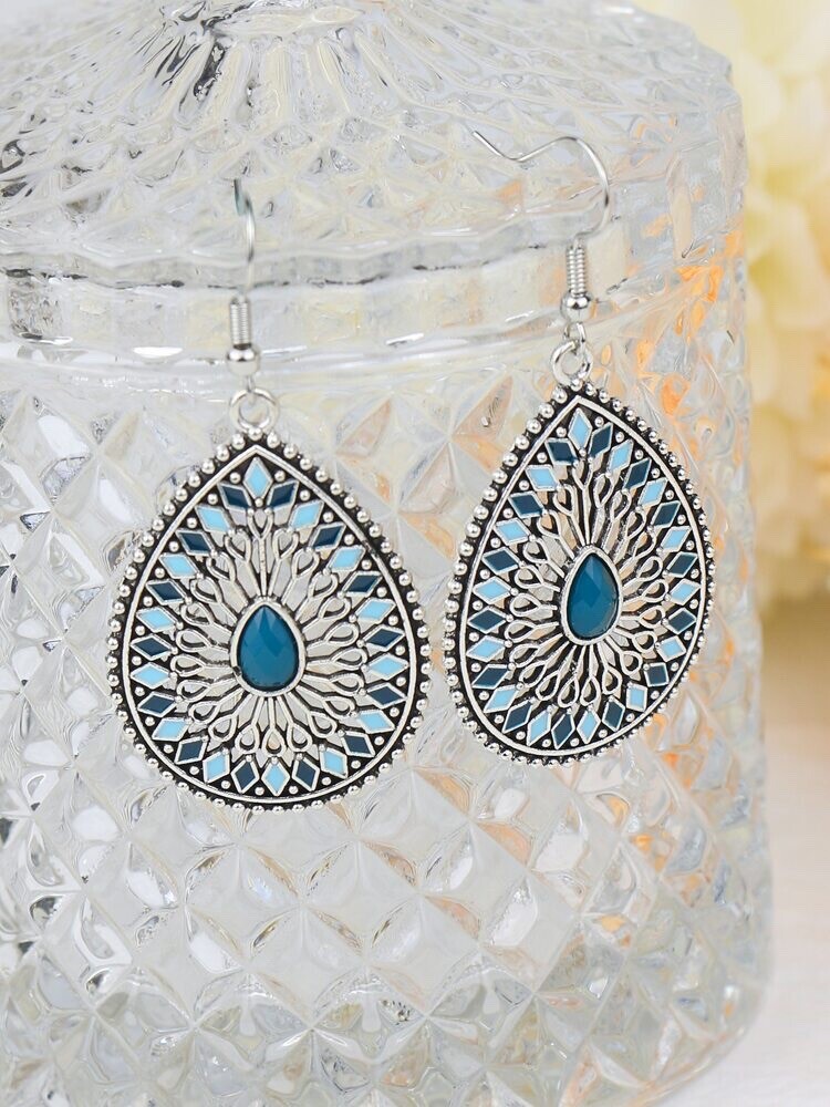New Silver Green Multicolor Enamel Mosaic Teardrop Hook Dangle Drop Earrings