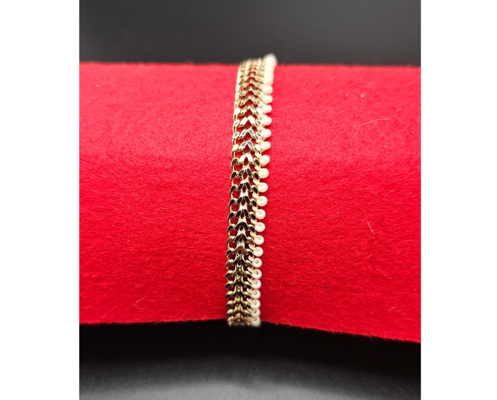 Elegant Gold-Tone Chevron Chain Necklace & Bracelet Set with White Seed Beads