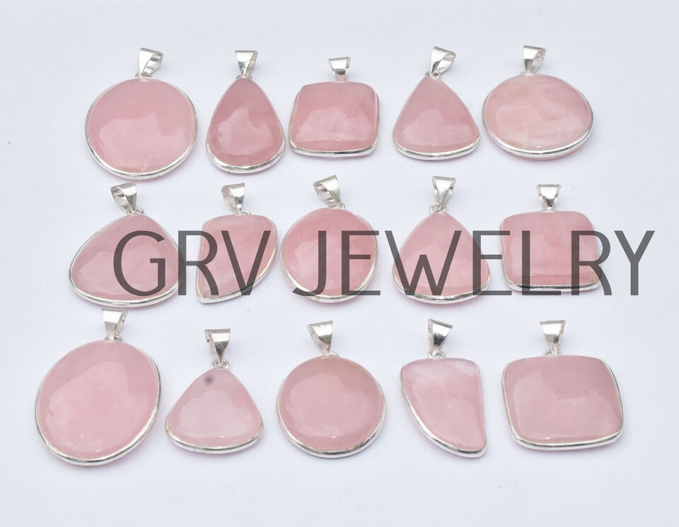 1-1000 Pcs Rose Quartz Bezel Pendant Lot Bulk: Silver Plated Necklace WH-8