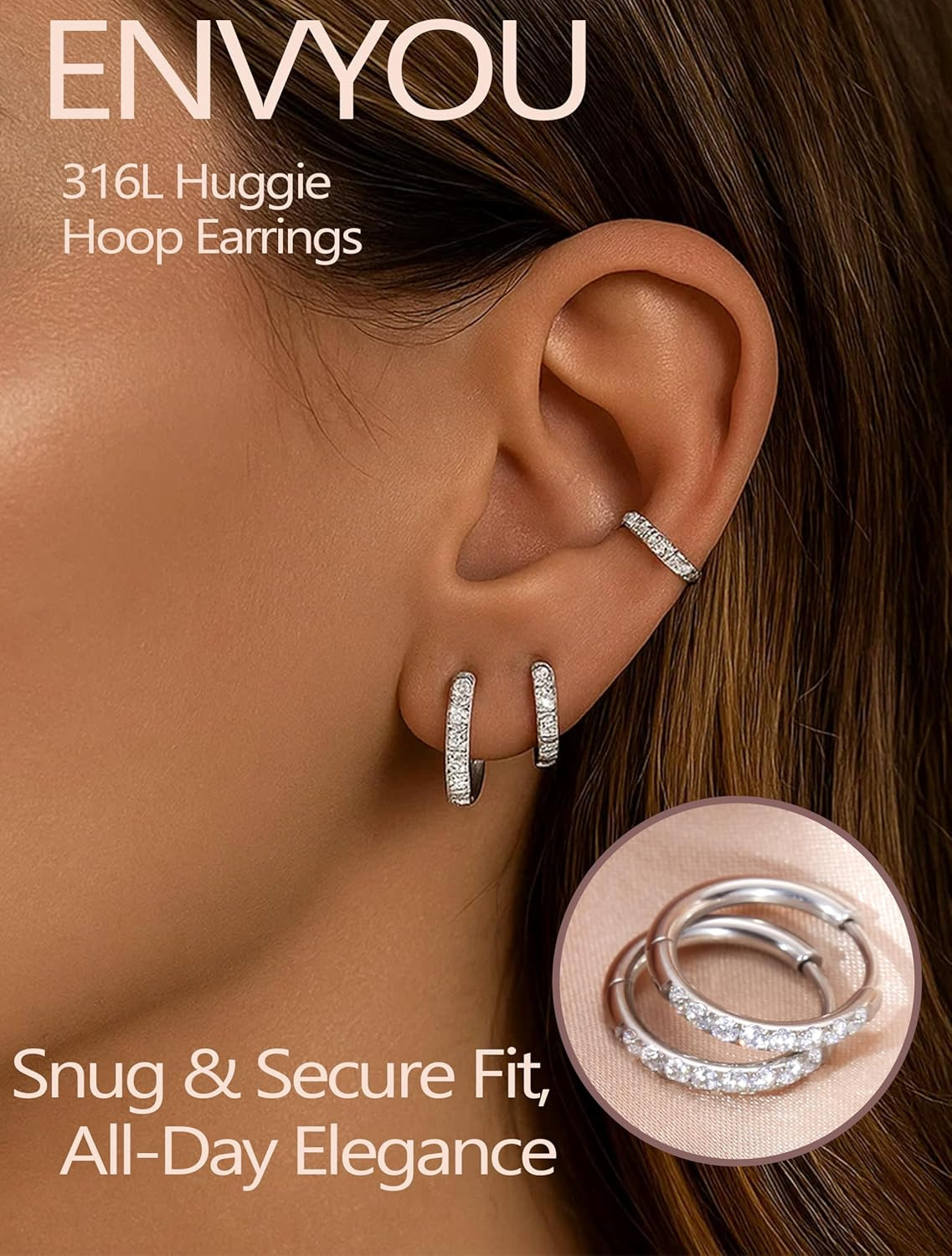 316L Surgical Steel Huggie Hoop Earrings,Dainty Pave Cubic Zirconia Cartilage Ti