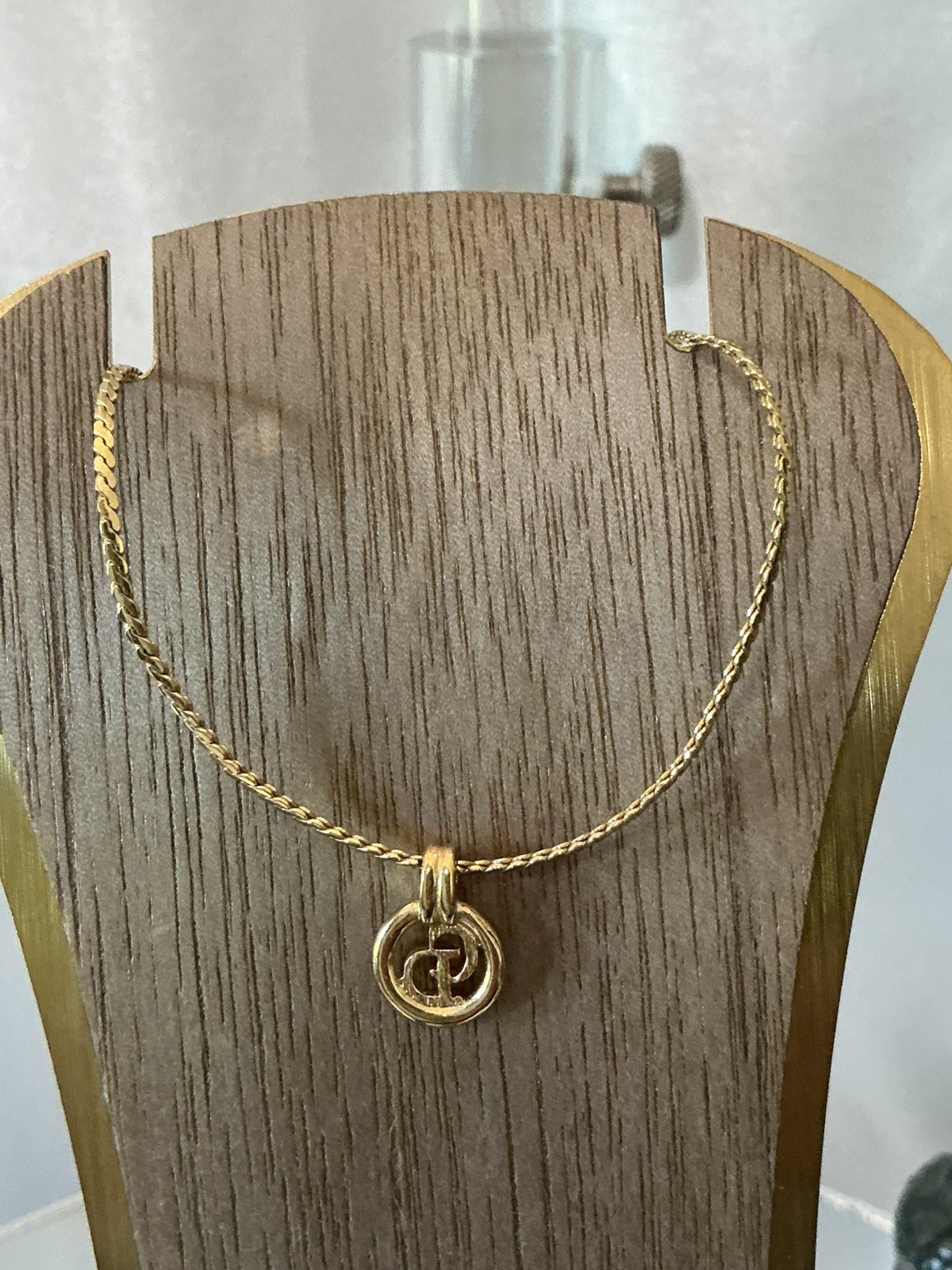 Auth Christian Dior CD Logo Accessory Vintage Pendant Necklace Gold Plated GOOD