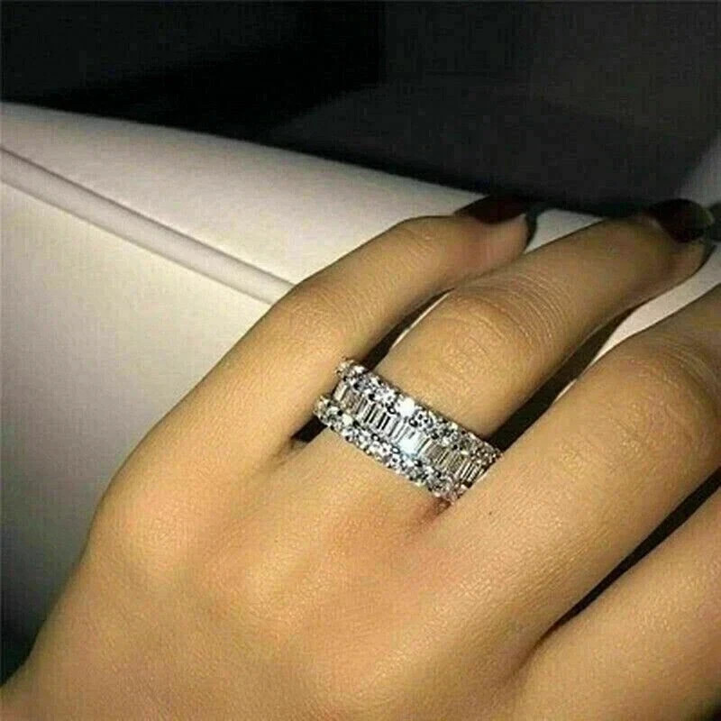 4Ct Round Cut Real Moissanite Wedding Eternity Band 14k White Gold Plated Silver