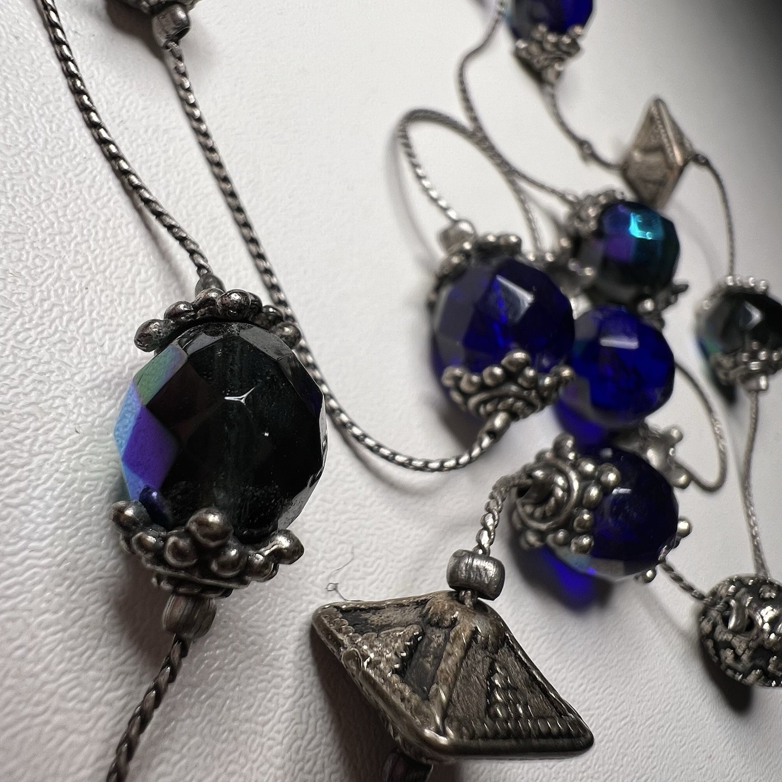 Chico’s Blue Stone Silver Tone Bead Necklace 3 Strand 18″ Long 2.5″ Extender