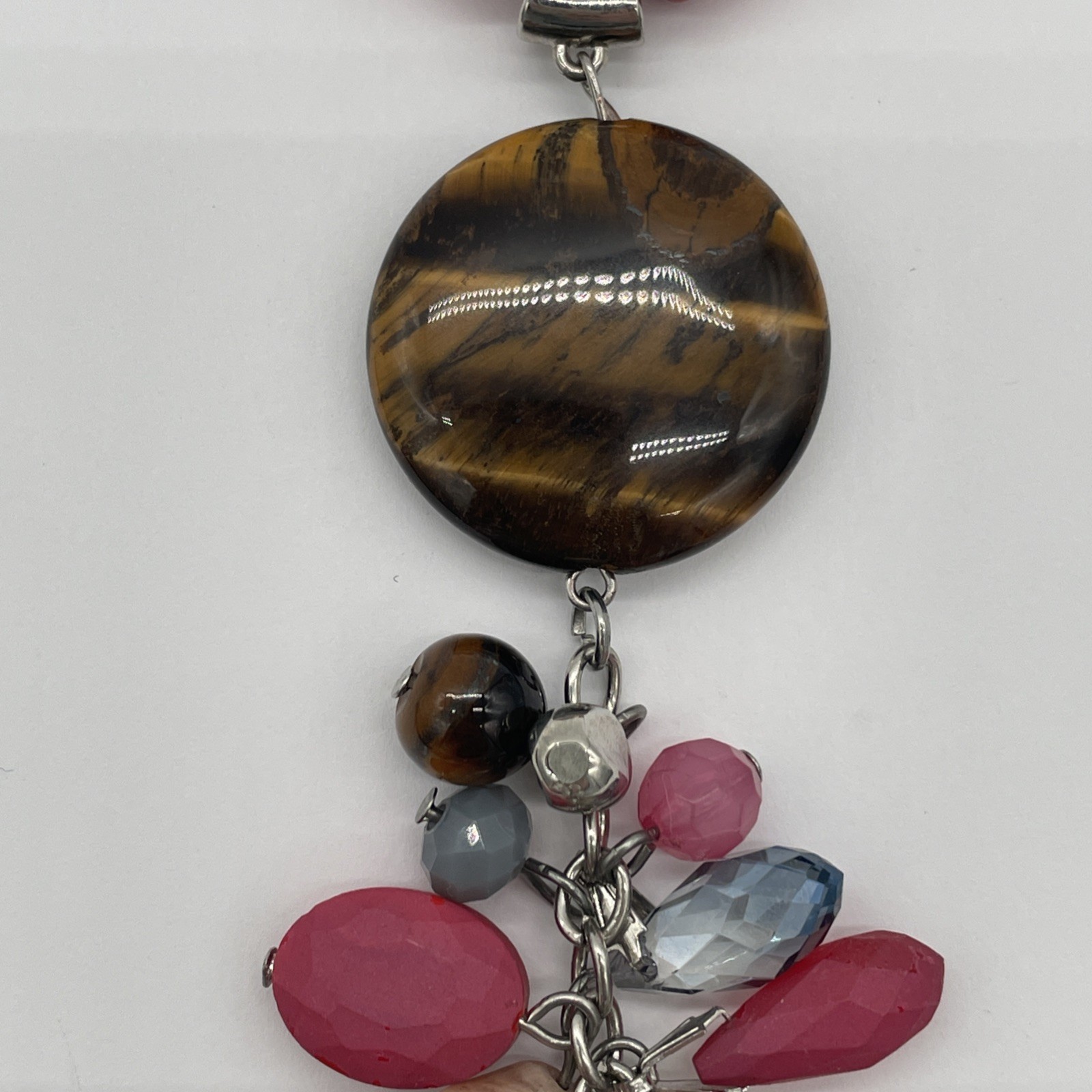 C1946 Multicolor Beaded Necklace Pendant With Silver Tone Spacers & Brown Cord