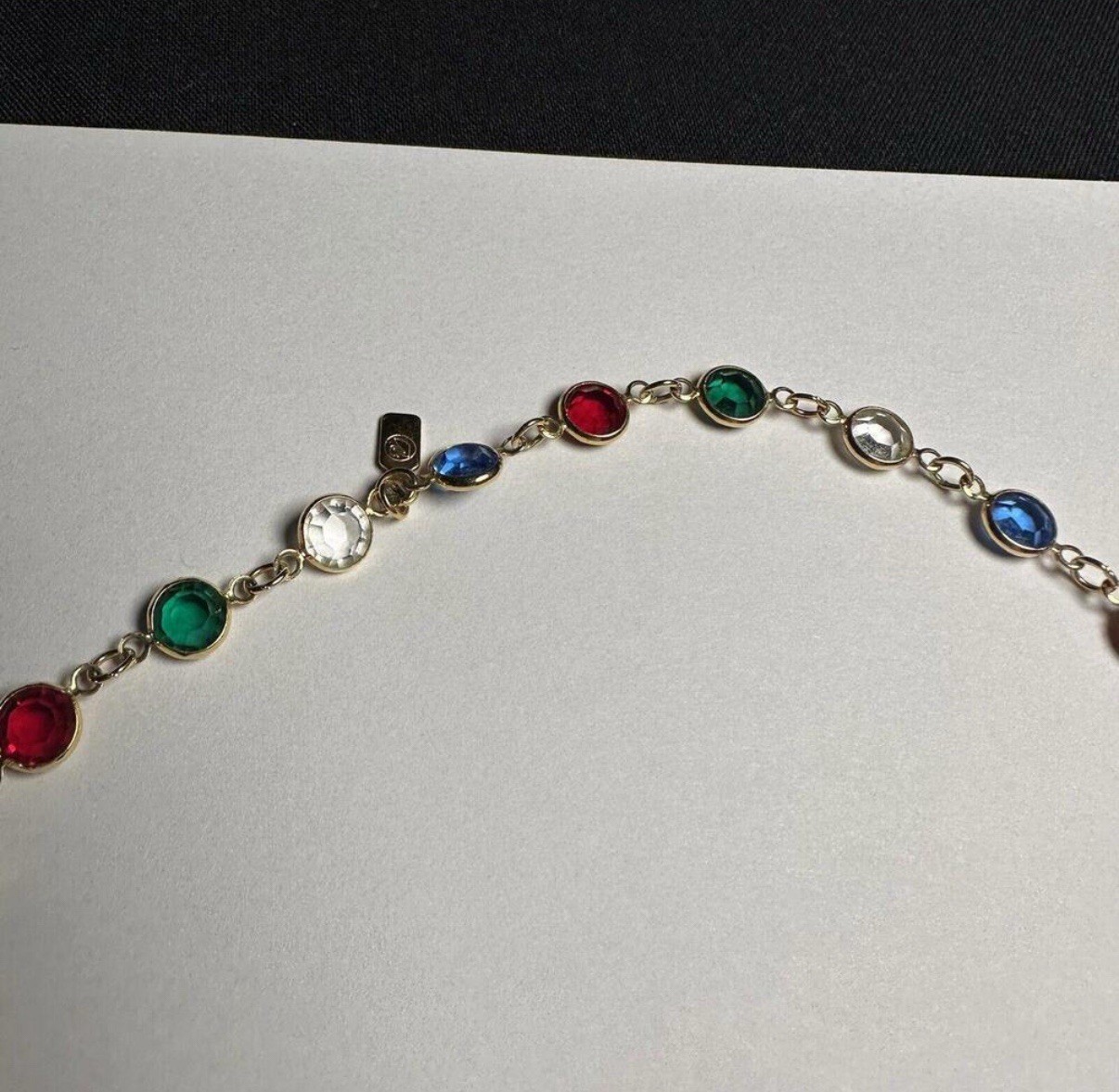 Swarovski Crystal (Swan Signed) Colorful Red Green Blue Clear Gold Tone Necklace