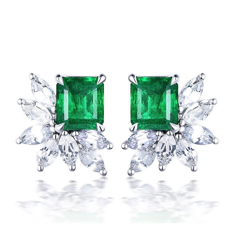 Stud Earrings L: 14mm 925 Silver Cubic Zirconia White Gold Plated Red Green Blue
