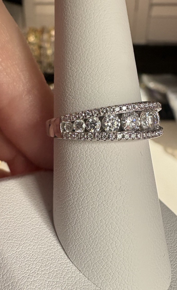 Size 8, Graduated Channel Set Floating Moissanite Band With Pave, 925 Sterling