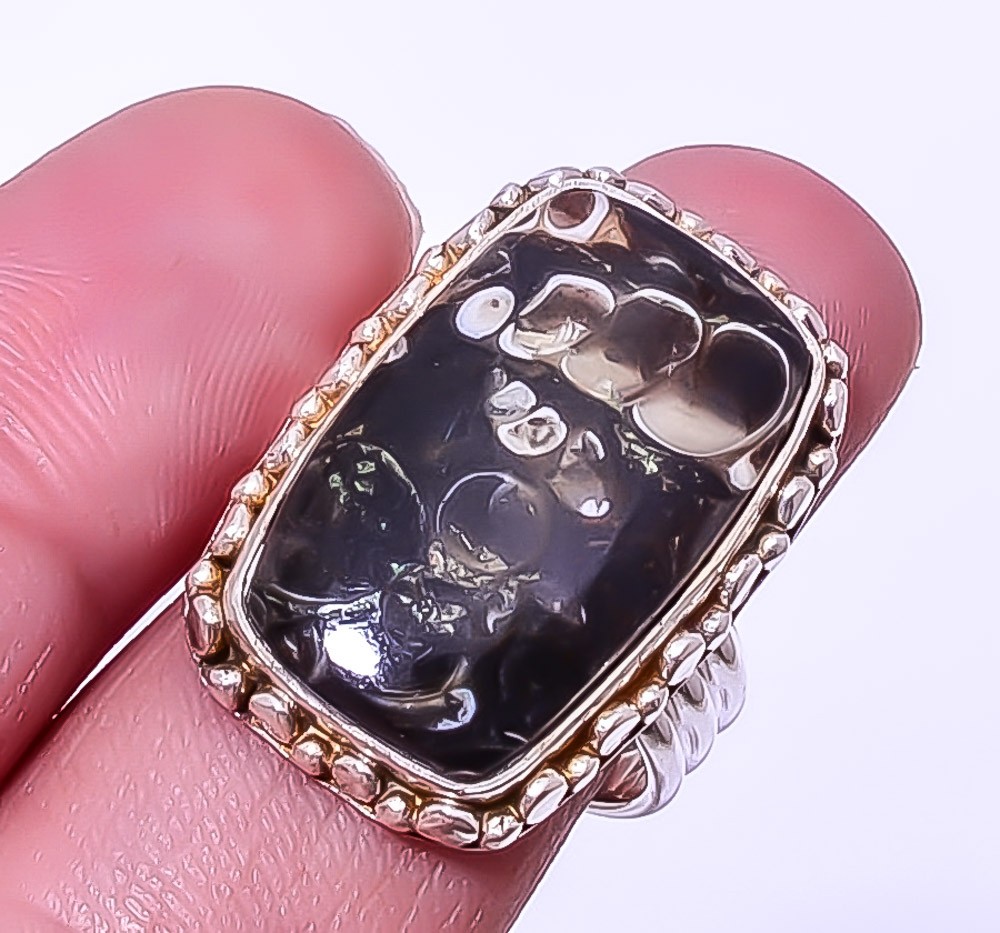 Turritella Fossil Agate Gemstone 925 Sterling Silver Jewelry Ring s.8 A364