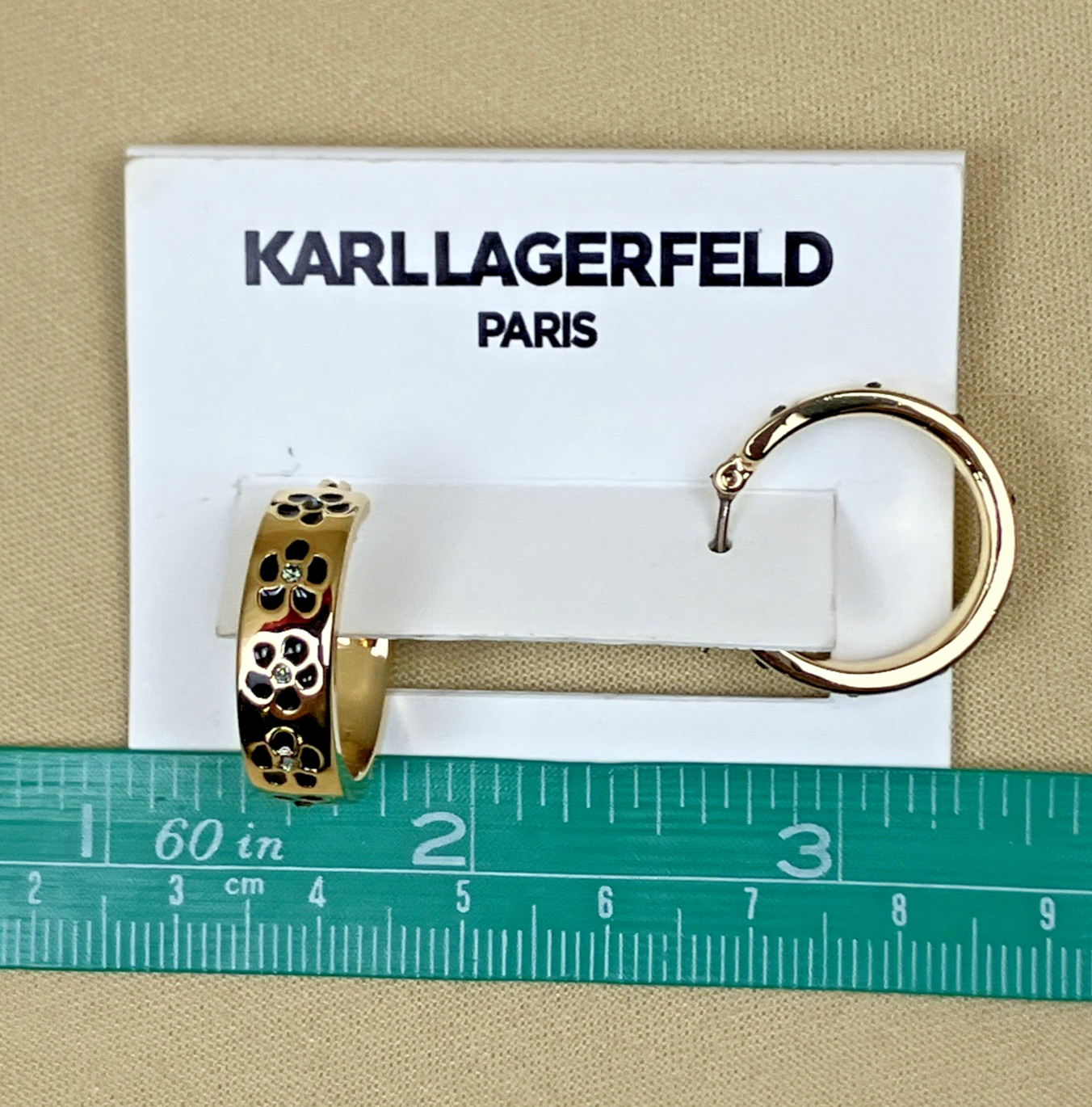 Karl Lagerfeld Paris Gold Tone Black Flower Small Hoop Earrings NWT Orig $28