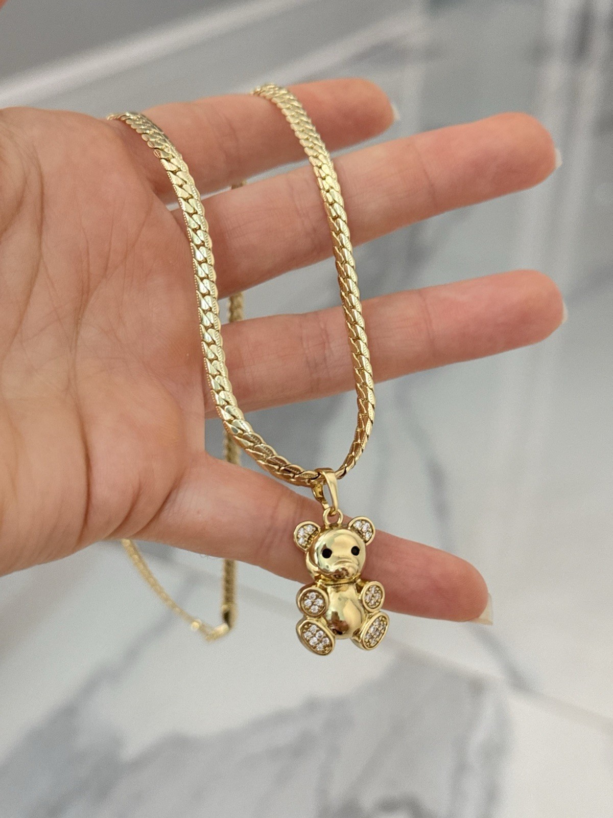 14k Gold Plated Duo Snake Chain with Bear Pendant and Bracelet Set