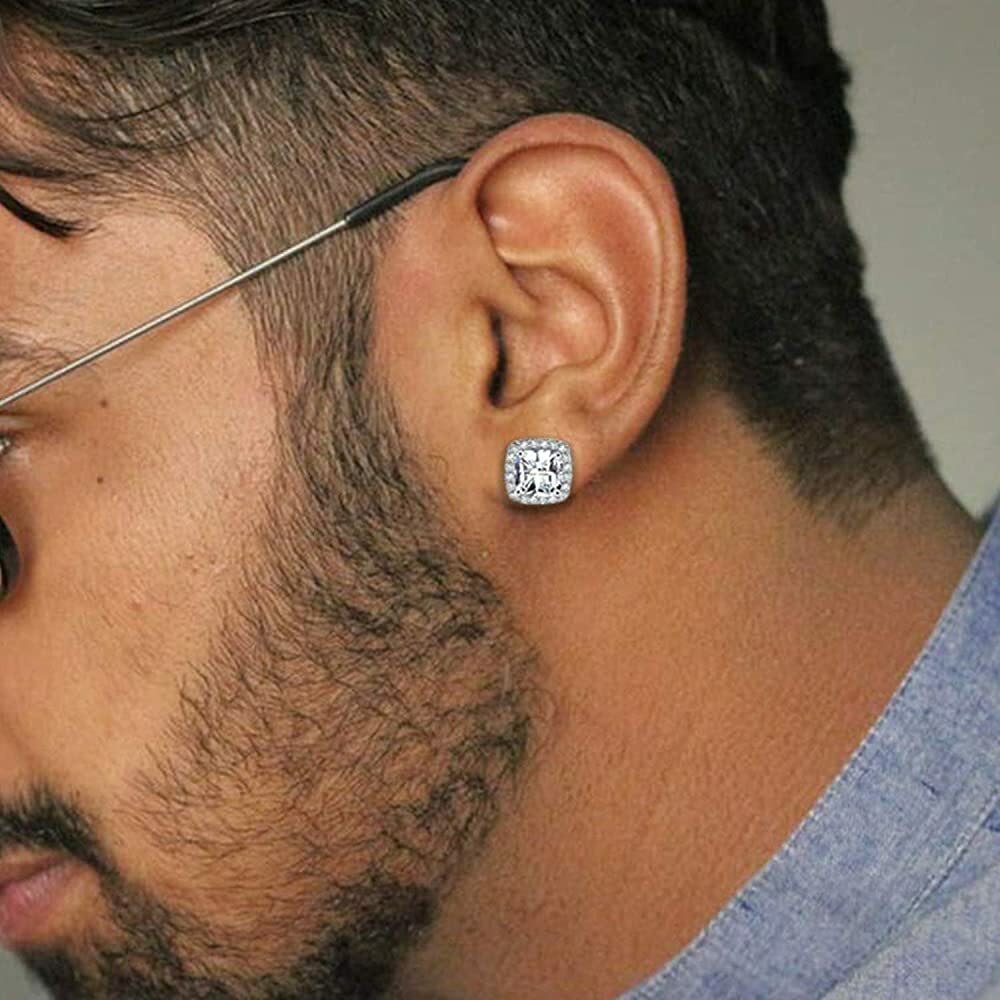 925 Sterling Silver Round Square Cubic Zirconia Halo Stud Earrings 2 Pair Set