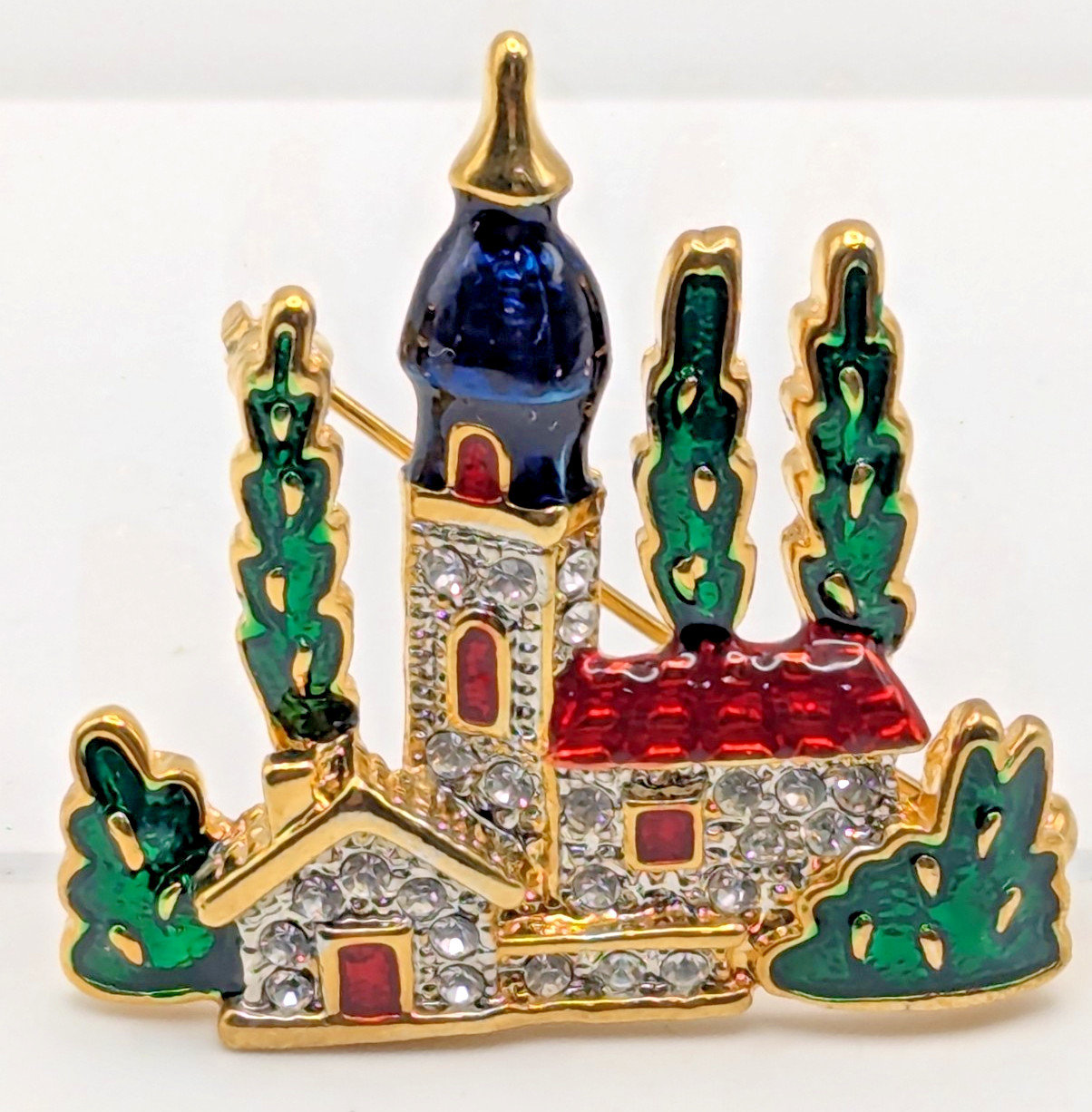 Castle Fairytale Fantasy Brooch Pin Rhinestone Enamel Gold Tone Fashion Jewelry
