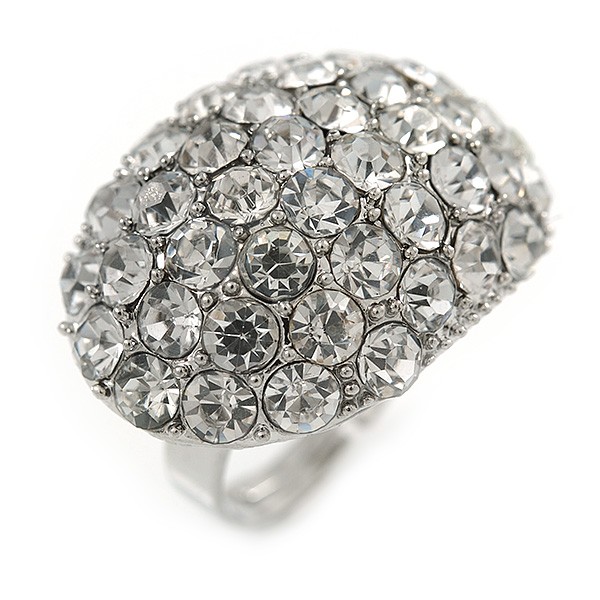Pave Set Clear Crystal Dome Shape Ring In Silver Tone Metal – 30mm – 7/8 Size –