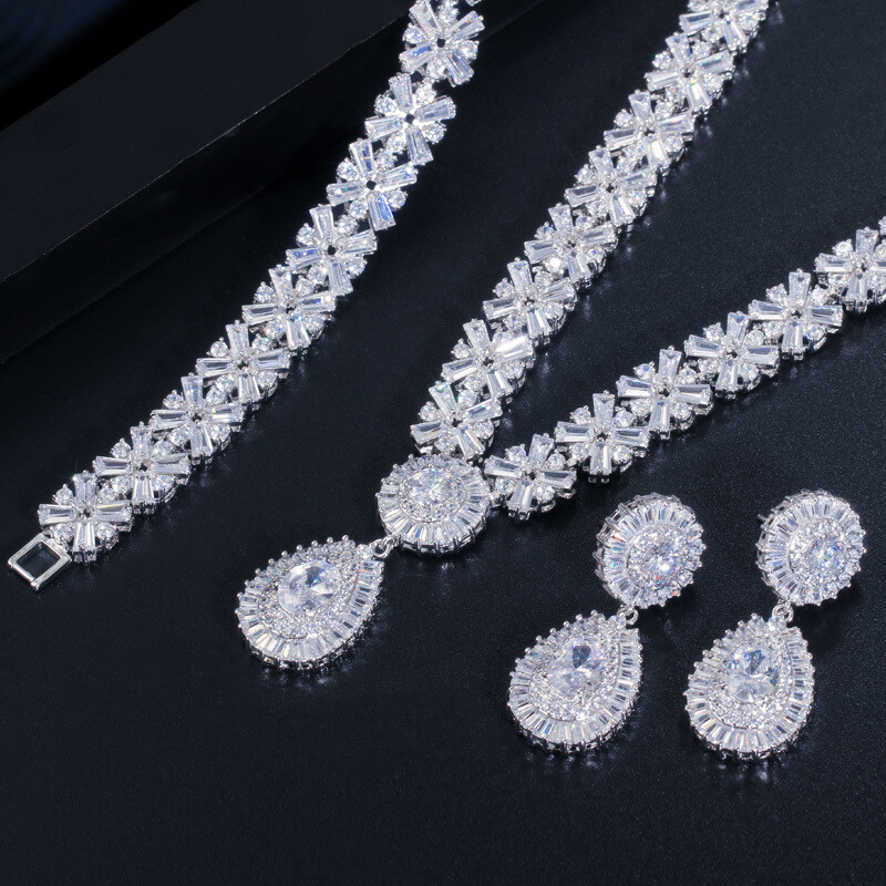 Gold Plated Water Drop Pageant Necklace Earring Bracelet CZ Zirconia Jewelry Set