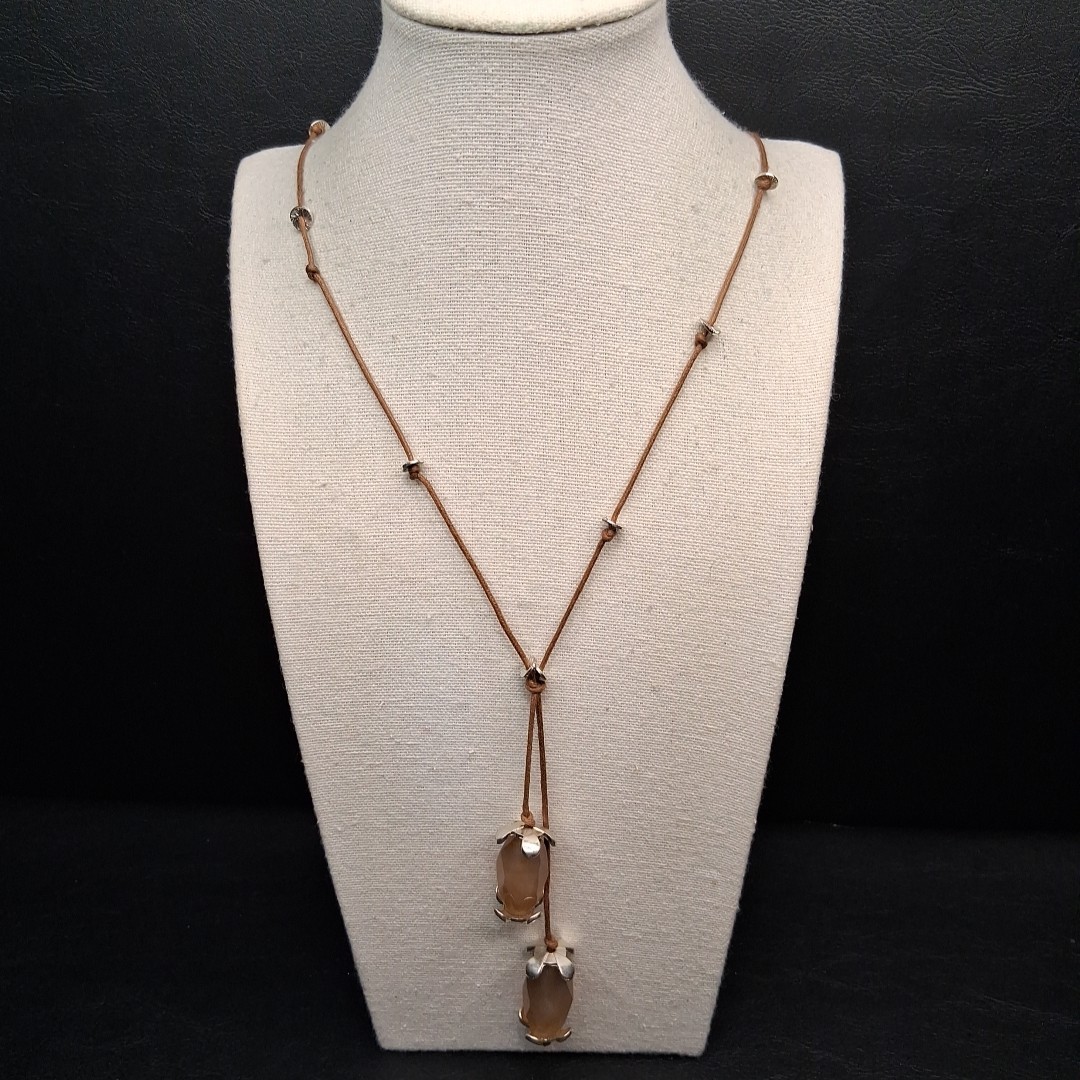 J. Jill Lariat Brown Cord Necklace Whit Beige Natural Stone. 17.630