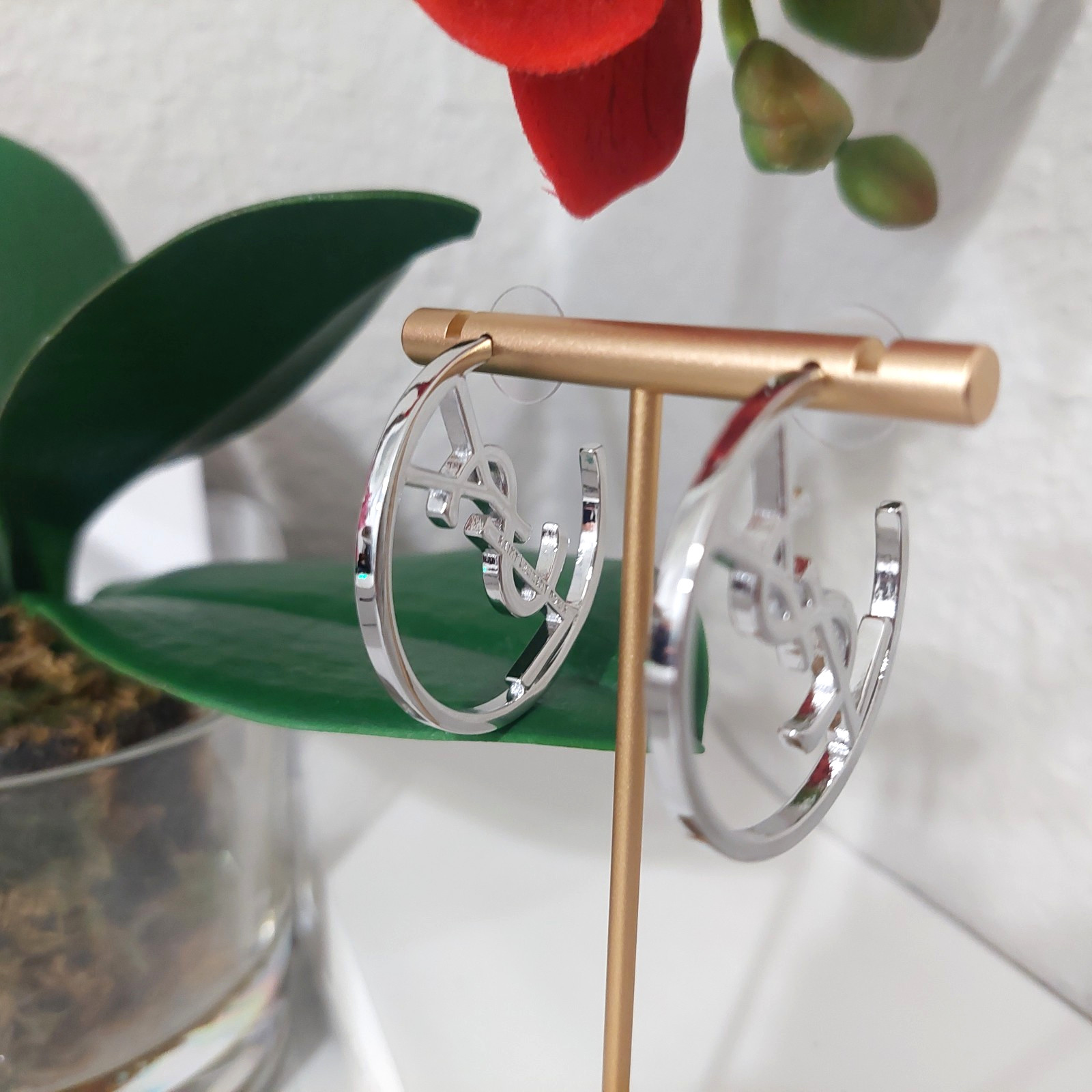 Auth. YVES SAINT LAURENT YSL LOGO Large HOOP EARRINGS Silver Tone